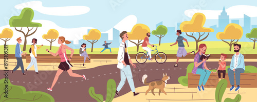 People walk city park. Family walking urban garden, green environment landscape outdoor summer nature bench healthy lifestyle leisure child dog bicycle classy vector illustration