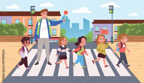 Children crosswalk. School kid safety road street traffic light, child pedestrian crossing zebra crosswalk guard stop sign teacher kids cross walk city classy vector illustration