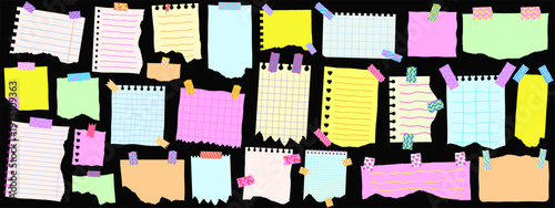 Sticky Notes Torn Page With Washi Tape Set Vector Design. Cool Notebook Sticker Paper Ripped Sheet.