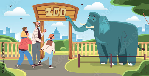Family in zoo. Parents with children visiting zoo park, watching wild exotic animals behind enclosure summer travel safari savanna animal scene, cartoon classy vector illustration