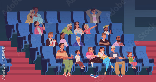 People cinema auditorium. Movie theater hall audience, crowd watching film on seat chair with popcorn family theatre spectators watch show entertainment classy vector illustration