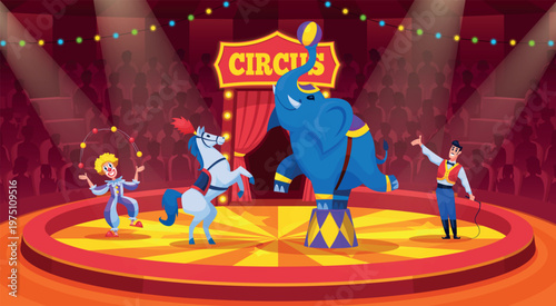 Circus show arena. Carnival fair concert inside cirque tent dome, amusement artist animals on stage performance audience spotlight lights, cartoon qualitative vector illustration