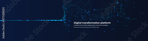 Digital transformation platform background with glowing data network, blue tech lines. Tech business hero banner for SaaS product page, launch screen, marketing campaign. Vector illustration.