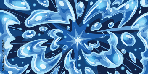 Water explosion background. Wave splash burst comic effect, blue liquid radial blast aqua boom anime manga action cartoon summer game splatter texture ingenious vector illustration