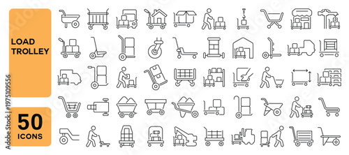 Set of 50 line icons related to load trolley, logistics, wheelbarrow, dolly, luggage trolley, cart, trolley, Editable stroke. Vector illustration