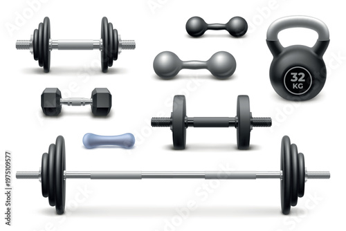 Realistic weights. 3d gym dumbbell kettlebell lifting dumb weight exercise equipment steel barbell workout fitness iron bodybuilding sport isolated icon garish vector illustration