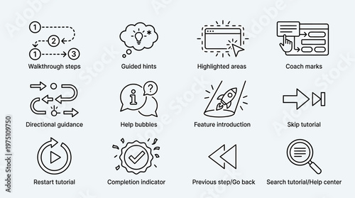 Enhance user experience with a comprehensive set of line icons for app onboarding, guided tours, interactive help, and tutorial navigation features