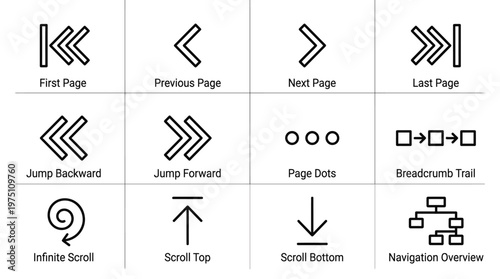 Modern collection of essential line icons for website and mobile application navigation, scrolling, and user interface design elements, providing clear directional controls