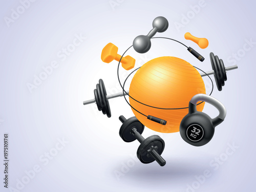 Realistic fitness concept. Gym workout healthy lifestyle, training equipment sportswear tool sport competition bodybuilding accessory, 3d composition garish vector illustration