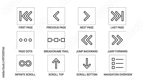 Comprehensive collection of user interface concepts for pagination, scrolling, and content flow, featuring forward, backward, and overview controls for intuitive digital experiences