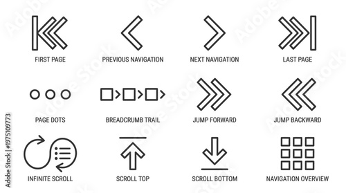 Comprehensive set of essential outline icons for modern user interface navigation, featuring various controls for pagination, scrolling, and directional movement within web and app designs