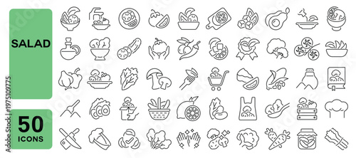Set of 50 line icons related to salad, vegetable salad, healthy dish, fresh vegetables, salad bowl, Editable stroke. Vector illustration
