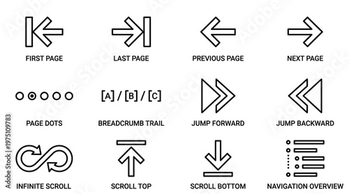 Vector line icons representing fundamental user interface navigation concepts, providing essential controls for page flow, content scrolling, and directional interactions in digital applications