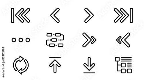 Collection of modern outline vector icons for user interface design, featuring navigation, media playback controls, data processing, refresh, and download functionalities in a minimalist graphic style
