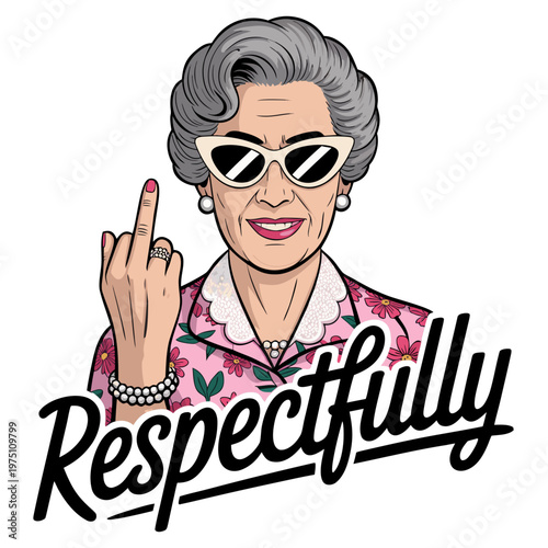 A stylized digital illustration of an elderly woman with gray hair in a 1950s fashion, wearing cat-eye sunglasses and a pink floral dress with a white lace collar