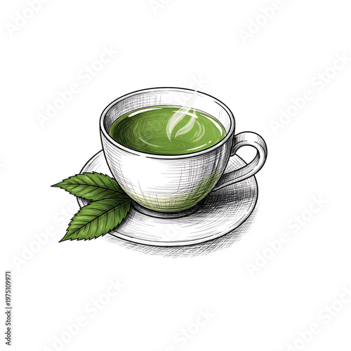 Green tea cup with leaves on white background  