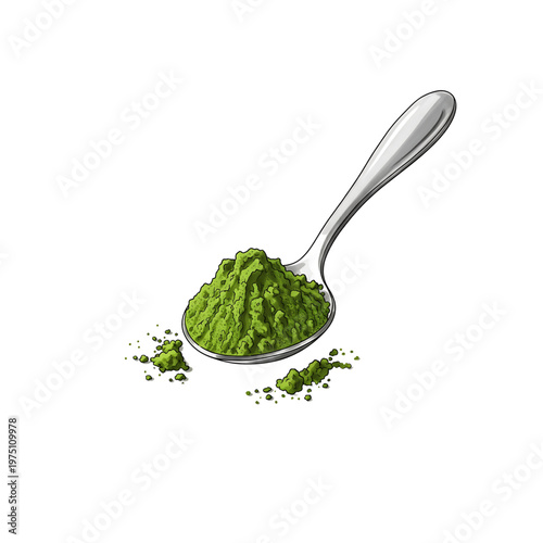 Green tea powder in a spoon on a white background  