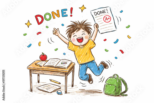 Style joyful scene vector finishing exam completion simple icon celebrating student