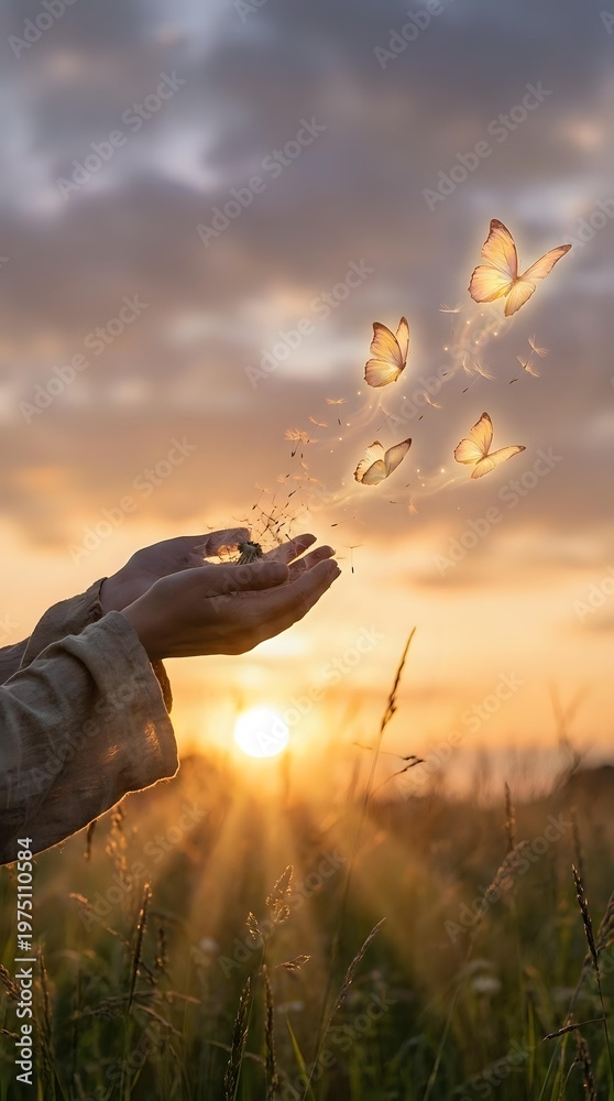 Obraz premium Hands releasing glowing butterflies at sunset in meadow symbolizing freedom, transformation, hope, spiritual growth, letting go, new beginnings concept.