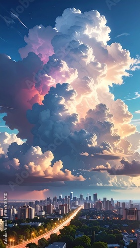 A vibrant, stylized cityscape view under an enormous, fluffy cloud formation. The skyline is lined with buildings, roads, and trees