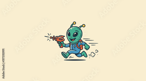 Cartoon alien character running with ray gun illustration against a light background