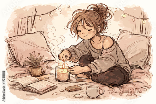 Person generation lighting imperfect vector doodle icon calm relaxing image uneven candle