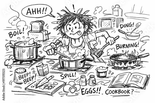 Once icon sketch concept person vector messy multiple cooking kitchen chaotic