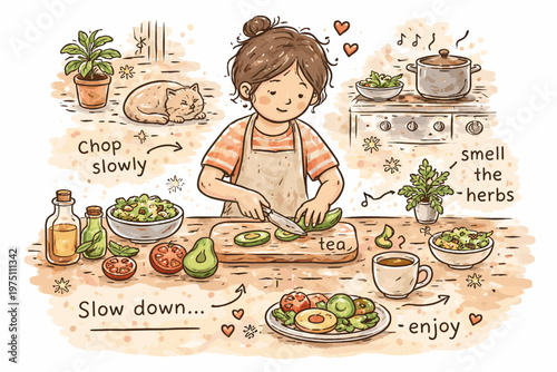 Preparing messy style vector generation doodle icon image eating slowly simple mindful