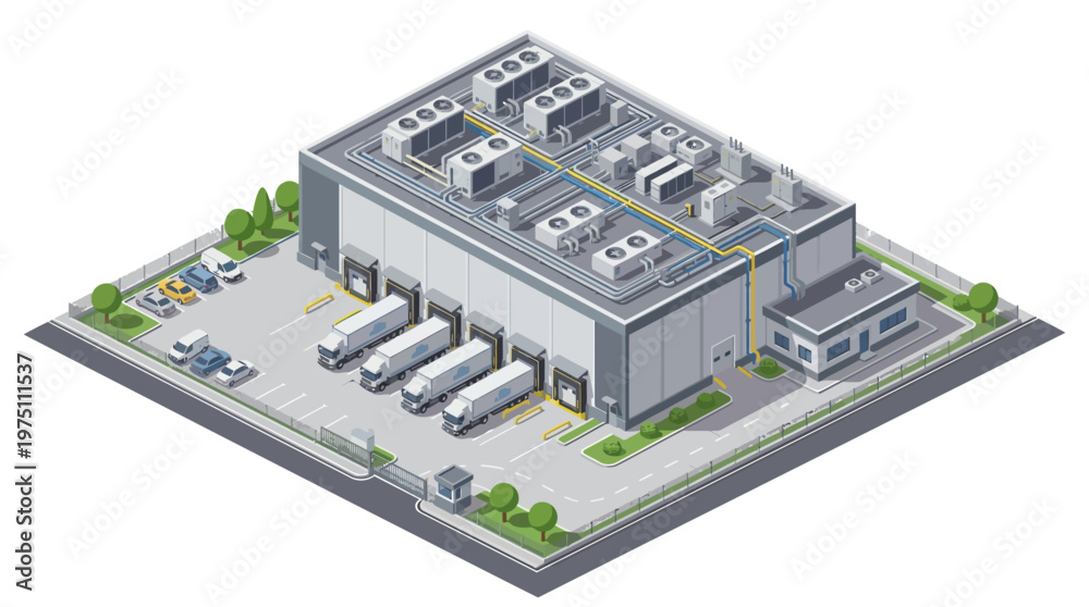 Obraz premium Isometric vector illustration of a modern industrial logistics warehouse with loading docks, trucks, and office, for efficient supply chain distribution