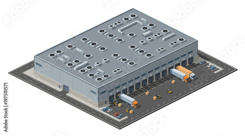 Isometric view of a large commercial warehouse with loading docks and trucks