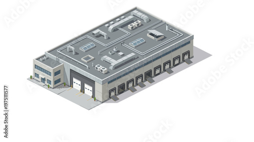 Modern industrial building with loading docks and ventilation systems, isometric view
