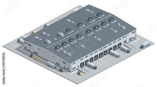 Isometric view of a modern logistics and distribution warehouse with loading docks and delivery trucks