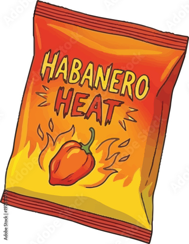 Habanero Heat Spicy Seasoning Packet Vector Illustration with Fiery Habanero Pepper and Flames Orange Yellow Label Hot Flavor Pouch for Snack Packaging Design and Stock Art