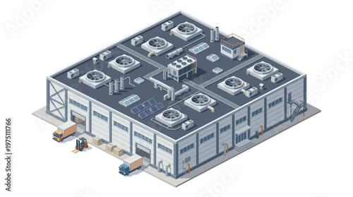 Isometric view of a modern industrial building with loading docks and an aerial view of HVAC systems and solar panels on the rooftop