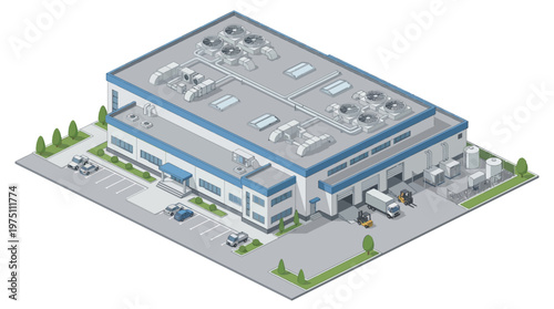 Isometric view of a modern industrial warehouse building with loading docks, vehicles, and HVAC units on the roof