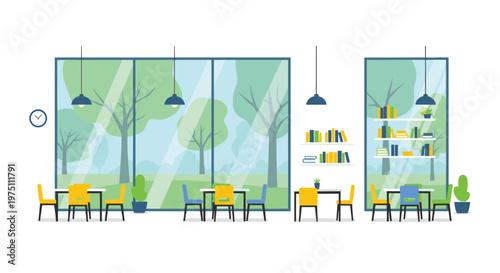 Bright and airy modern cafe or library interior featuring large windows, colorful tables, chairs, and bookshelves on a clean white background for relaxation.