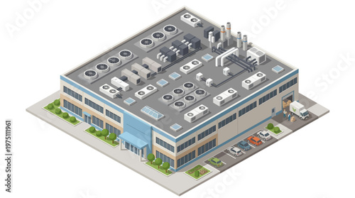 Detailed isometric illustration of a modern industrial manufacturing facility, complete with advanced ventilation systems, a loading dock, and parking for business operations