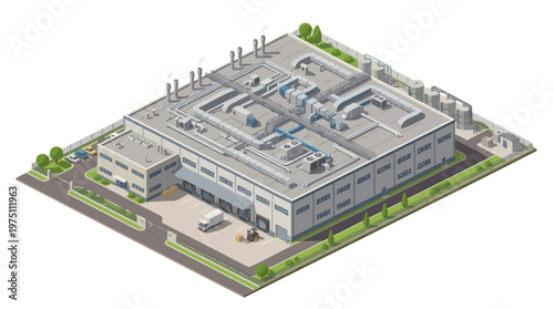 Modern industrial complex featuring a large manufacturing facility with detailed ventilation and HVAC systems, showcasing contemporary industrial architecture and logistics