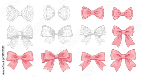 Twelve decorative fabric bows featuring intricate lace patterns and solid pink textures arranged in a neat grid on a pristine white background for design.