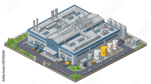 Industrial building with loading docks, storage tanks, and trucks in an isometric view
