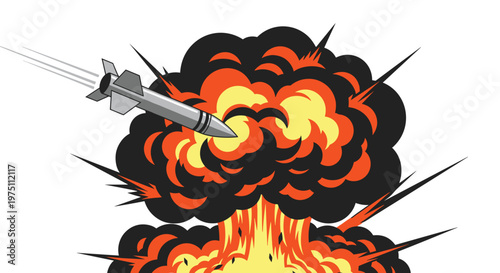 A dramatic scene shows a gray missile flying towards a massive fiery explosion with thick black smoke and bright orange flames in a high-contrast style.