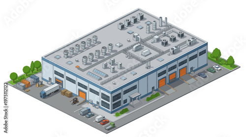 Isometric view of a modern industrial warehouse building with loading docks, delivery trucks, and surrounding parking lot, showcasing logistical operations