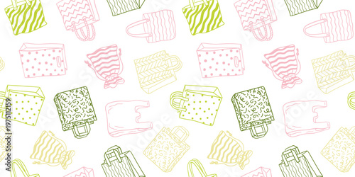 eco bags seamless pattern with hand drawn pink and olive shopper totes and pouches on white background for spring retail branding