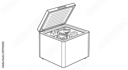 Detailed line-art illustration of an open chest freezer with a grid-like lid and organized frozen food packages inside sits on a clean white background.