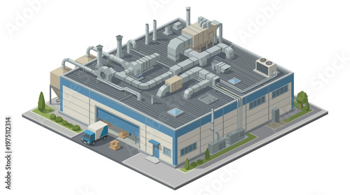 Isometric view of a modern industrial warehouse building with loading dock and delivery truck, illustrating logistics and supply chain operations