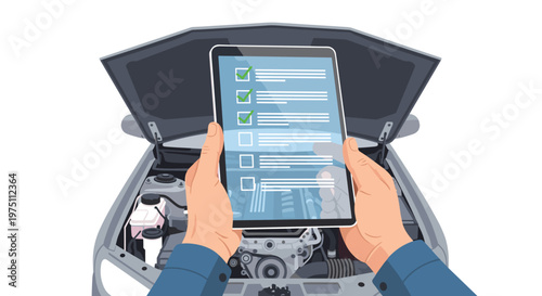 Professional mechanic hands hold a digital tablet displaying a completed green checklist over an open car hood in a detailed and bright workshop setting.