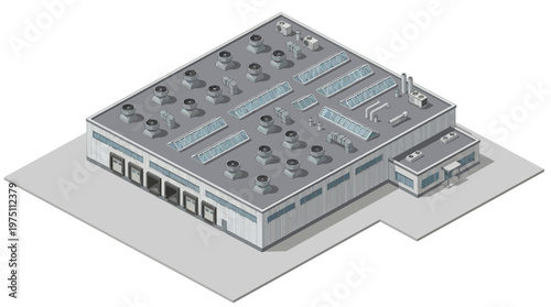 Isometric industrial factory building with loading docks and ventilation systems, modern infrastructure
