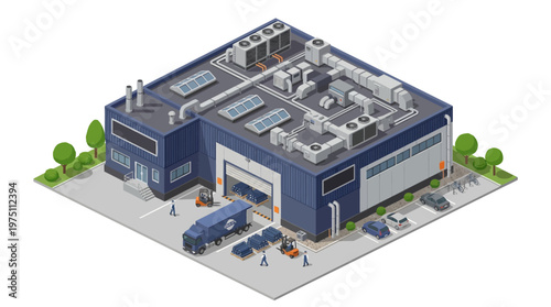 Efficient Modern Industrial Facility Operating Logistics and Production, Featuring Loading Docks, Solar Panels, and Active Freight Transport in an Isometric Vector Illustration
