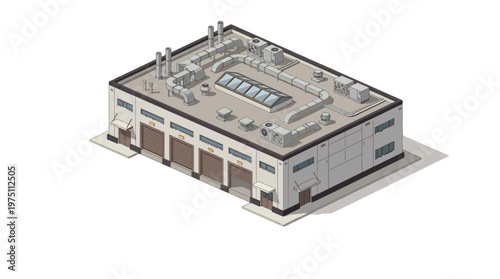 Isometric vector illustration of a contemporary industrial facility, symbolizing efficient manufacturing, streamlined logistics, and robust commercial operations