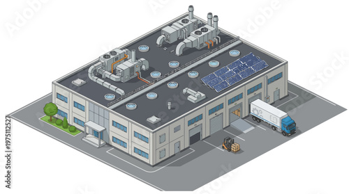 Isometric industrial building with solar panels and delivery truck, representing modern logistics and sustainable energy solutions in the manufacturing sector